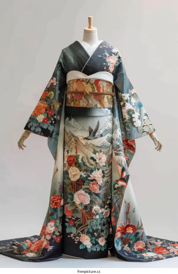 A kimono with a pattern of flowers and birds