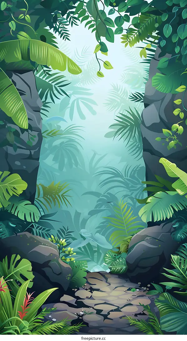 Green Lush Tropical Forest Path Illustration