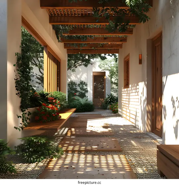 A beautiful courtyard with a wooden pergola, stone path, and lush greenery