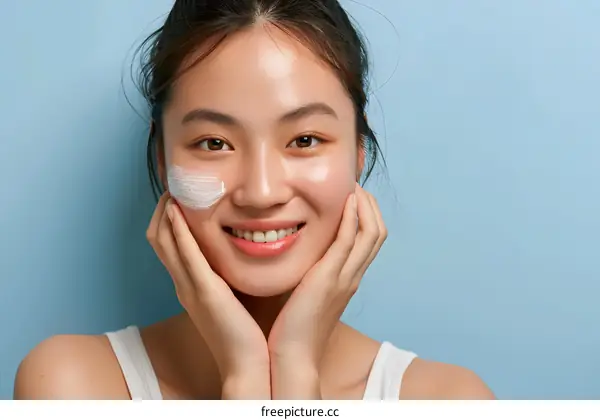 Smiling Asian Woman Applying Facial Moisturizer on Blue Background