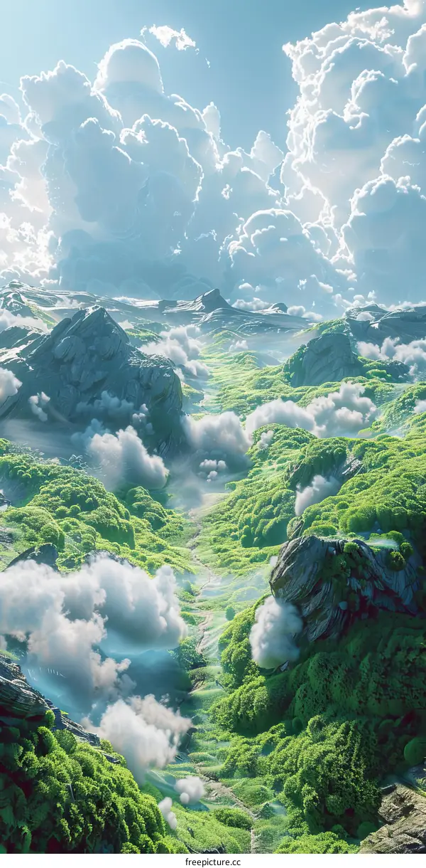 Misty Mountain Valley with Dramatic Clouds and Rocky Outcrops