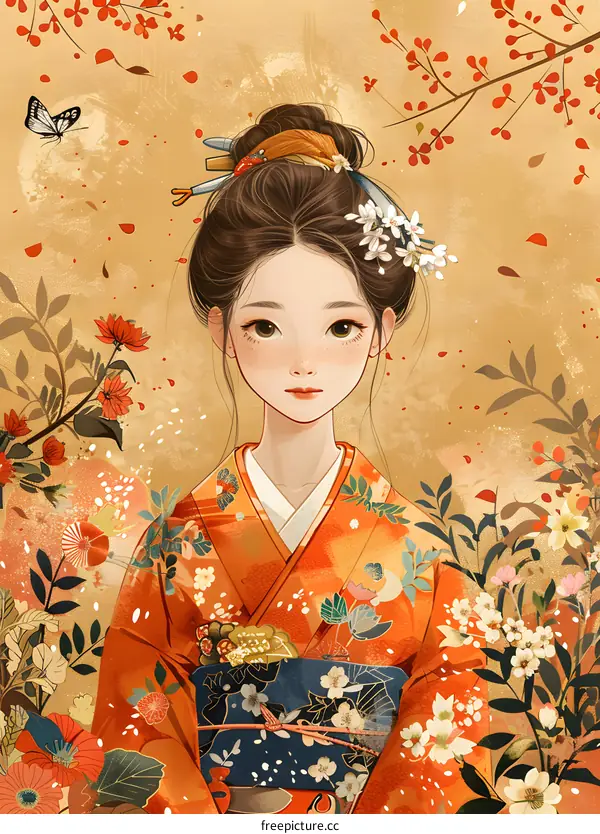 A beautiful Japanese girl in a kimono standing in a field of flowers