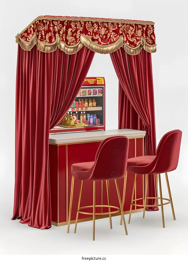 Red Velvet Curtains and Golden Bar Stools for a  Stage Setting