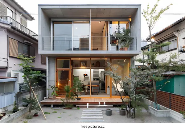 Modern Japanese Concrete House with Wooden Deck and Garden