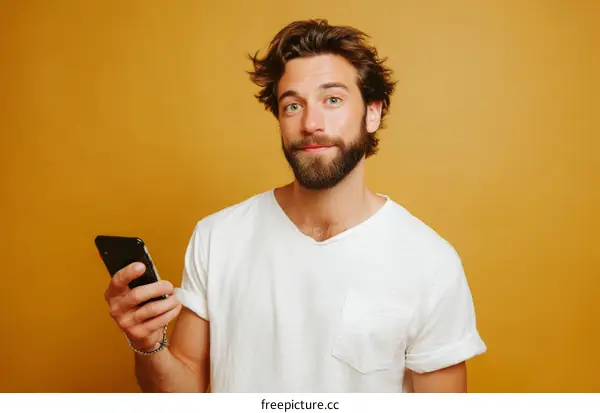 Casual Man Holding Smartphone on Mustard Background