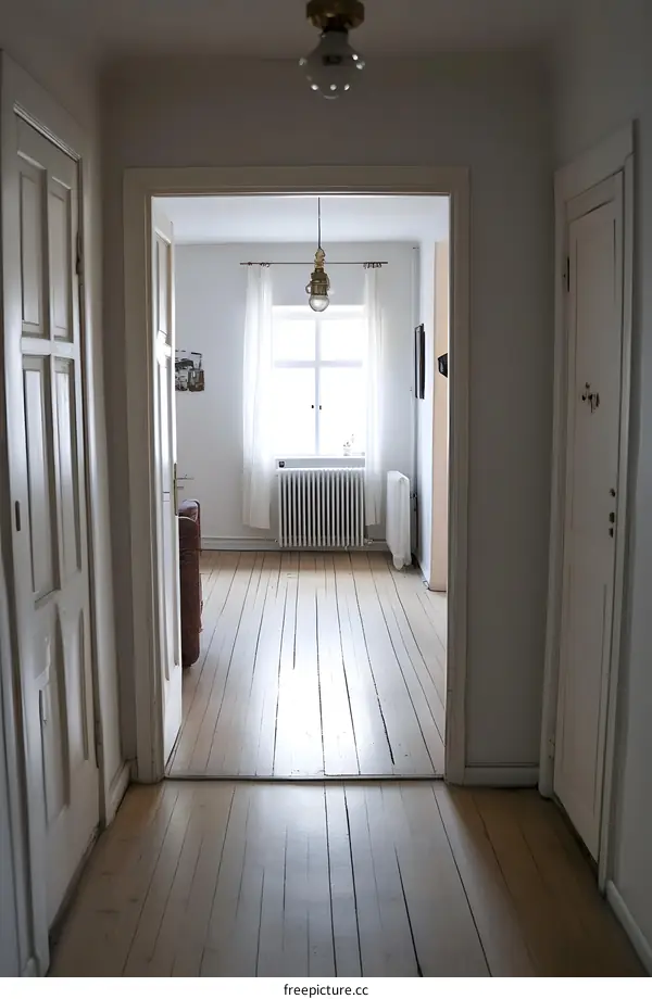 White Doors in a Hallway of a House With a View of a Window