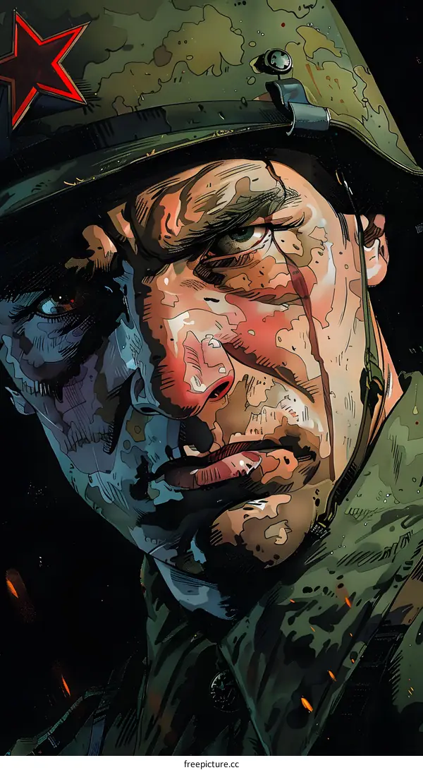 Close-up portrait of a soldier wearing a camouflage helmet