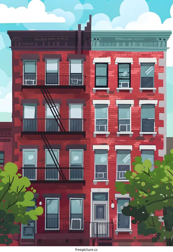 Red Brick Building With Fire Escape In City
