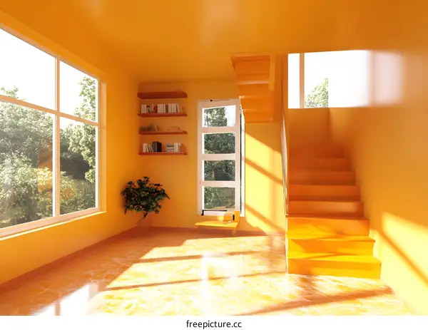 Modern Minimalist Home Interior Design With Yellow Walls and Stairs