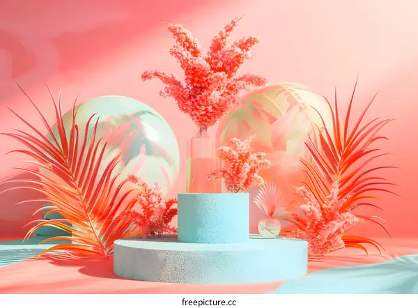 Abstract Minimalist 3D Render of Flowers and Palm Leaves on Pastel Background
