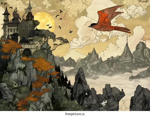 Fantasy Landscape with Castle and Bird