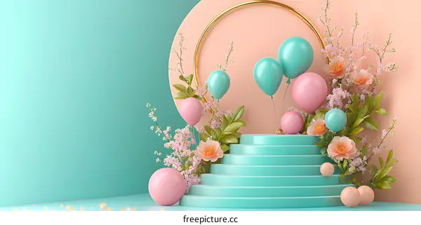 Pastel Pink And Blue Balloons With Flowers And Steps