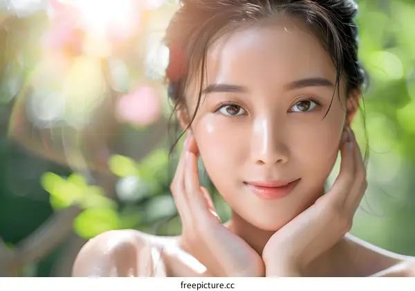 Beautiful Asian Woman With Glowing Skin in Nature