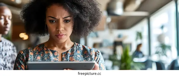 Focused African American Woman Working On Tablet In Modern Office