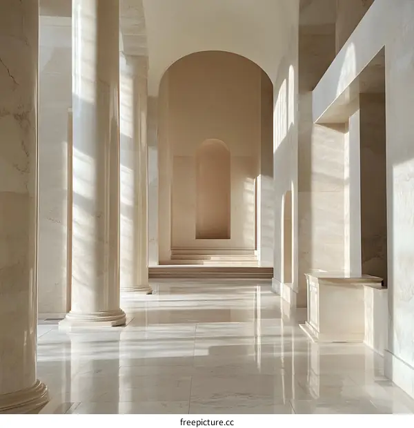 Sunlight Streaming Through Columns in a Grand Hallway