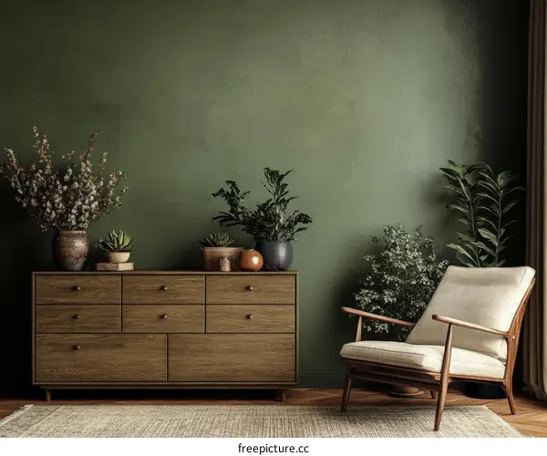 Green Wall Living Room with Wooden Furniture