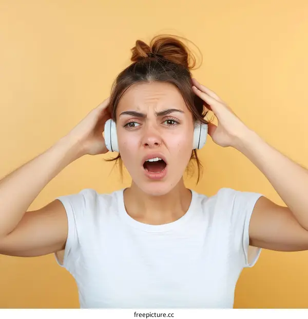 Frustrated young woman listening to loud music