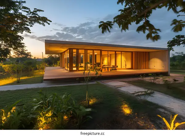 Modern Minimalist Concrete House with Wooden Deck in a Green Garden