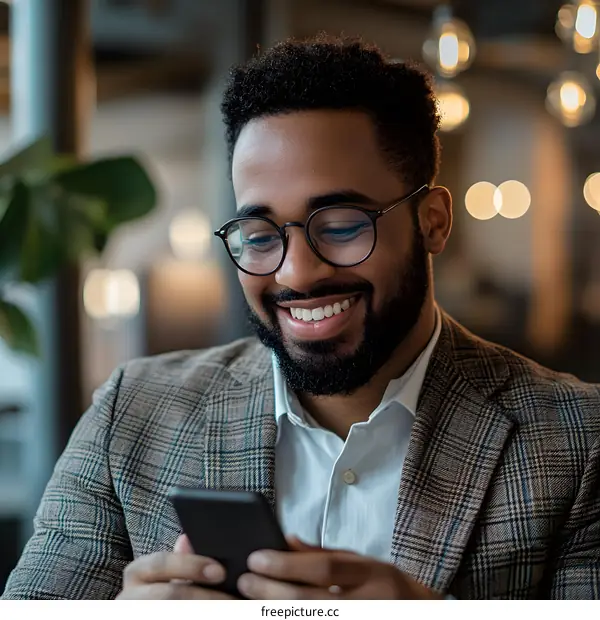 Smiling African American Man Using Smartphone in Cafe