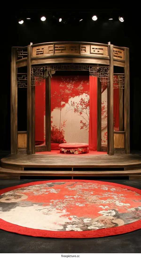 Traditional Chinese Stage Setting with Red Carpets