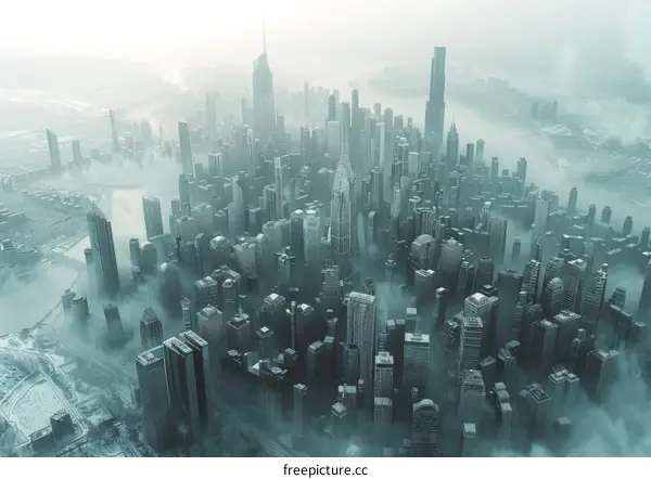 Cityscape Foggy Skyline with Skyscrapers in Smog