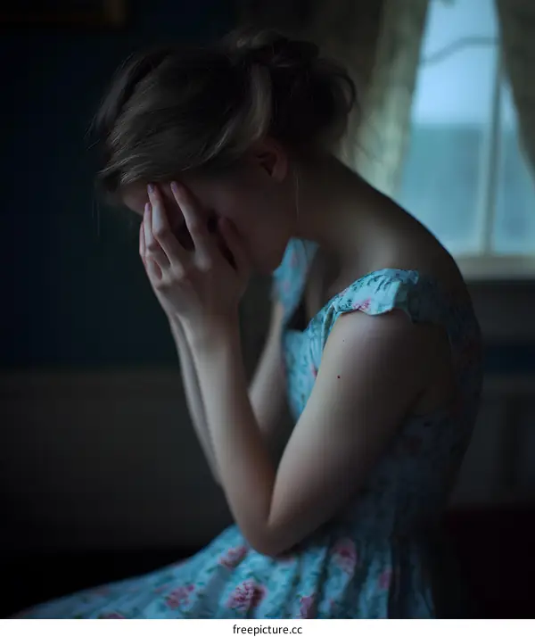 Sad Woman in Floral Dress Covering Face with Hands