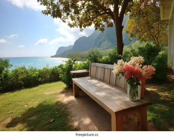 Coastal Scenic View with Wooden Bench and Flowers