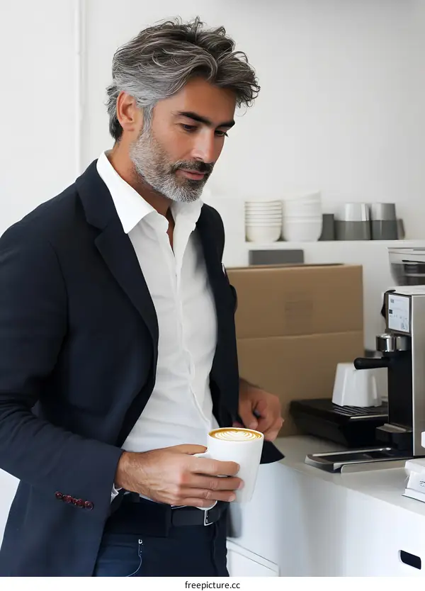Man Holding a Cup of Coffee in a Cafe