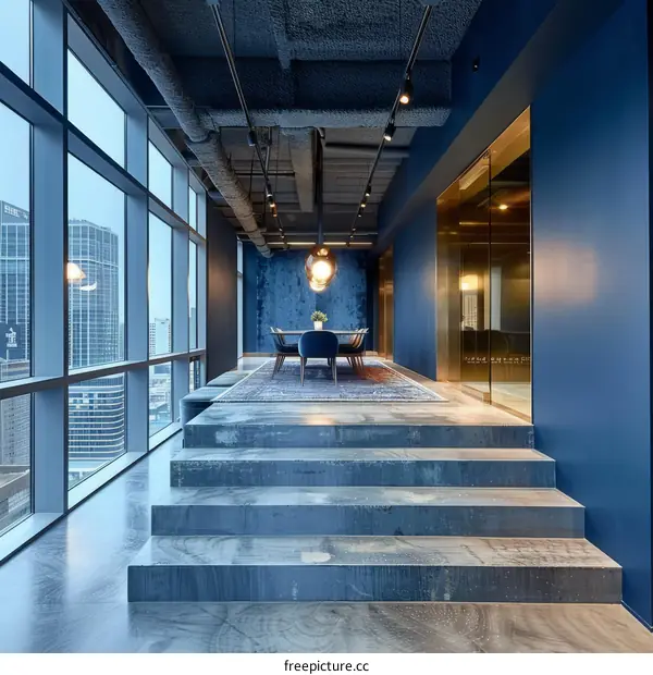 Office interior with blue walls, gray concrete floor, and large windows