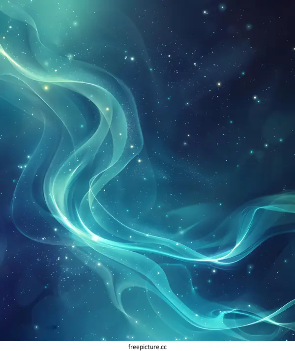 Blue green abstract glowing light trails over a dark blue starry background