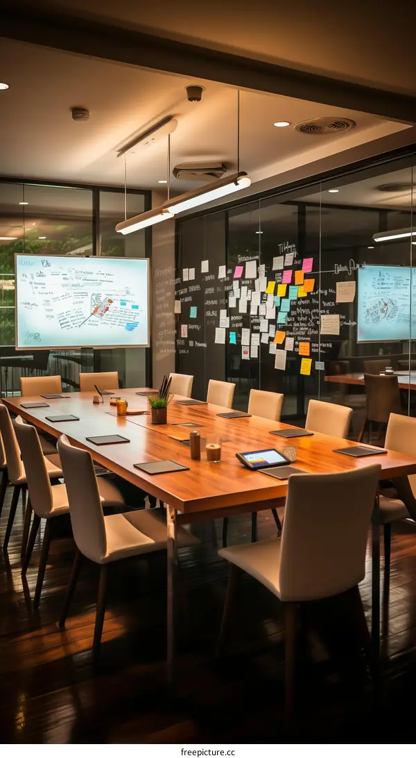 A conference room with a long wooden table and chairs