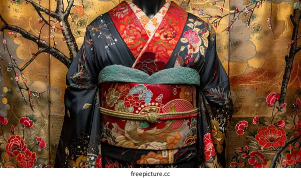 A kimono with a floral pattern and a golden obi