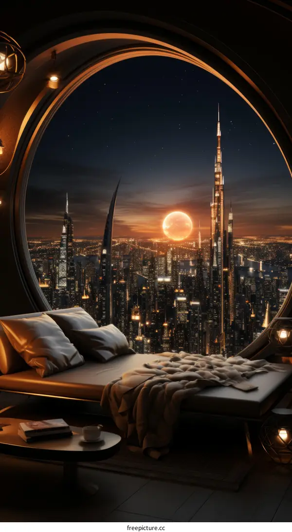 Futuristic city night view from a bedroom window
