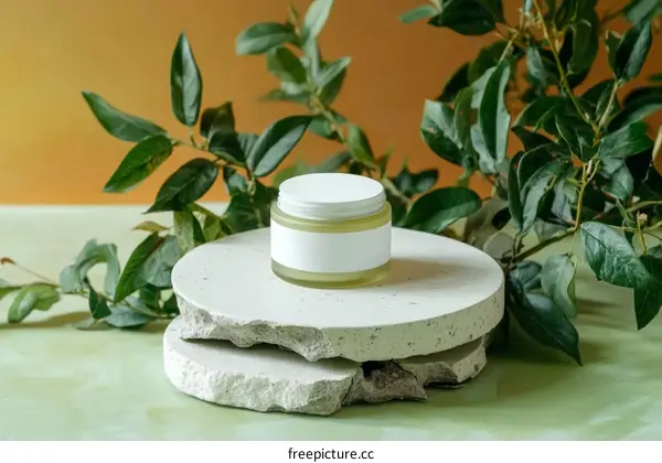Natural Skincare Product Display with Decorative Rocks