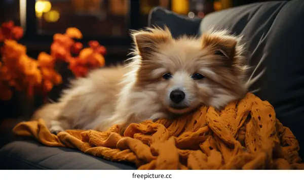 Cute Pomeranian Dog Relaxing on a Couch