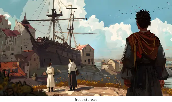 Medieval City with Ship and People