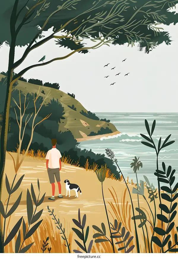 Man and Dog Watching Ocean Landscape Illustration