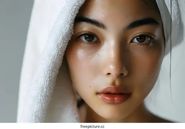 Close-up portrait of a beautiful Asian woman with a towel on her head