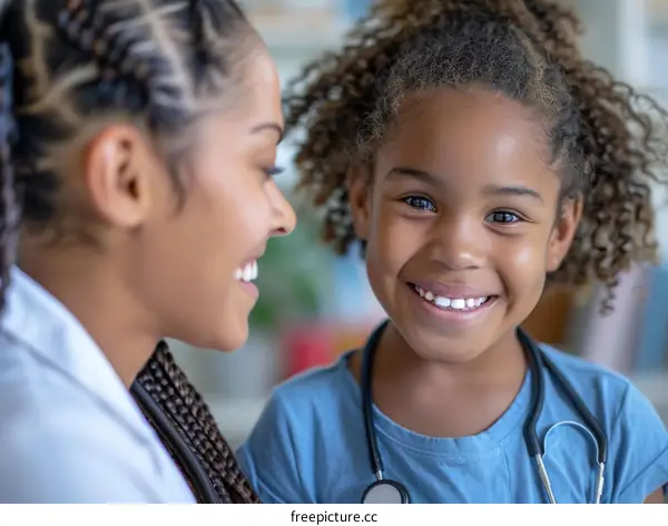 A smiling young girl with a stethoscope around her neck.