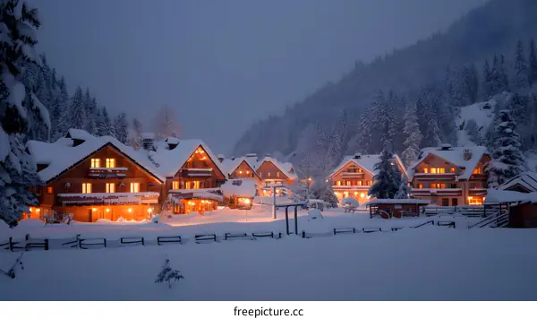 A winter wonderland of snow covered cabins nestled in a valley surrounded by snow covered trees
