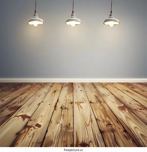 Empty Room with Wooden Floor and Three Hanging Lights