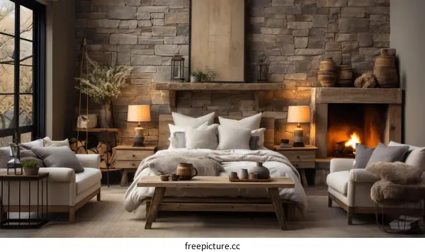 Cozy bedroom with fireplace and stone accent wall