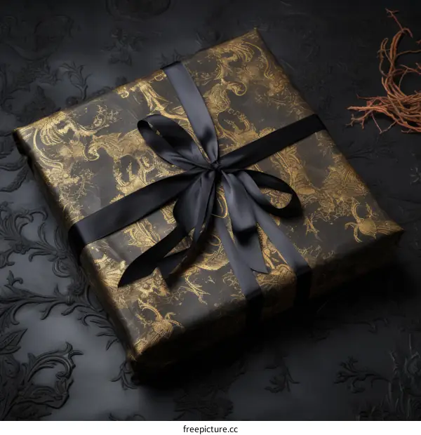 Black and gold gift box with a black ribbon