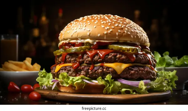 yummy double cheeseburger with pickles on a wooden board