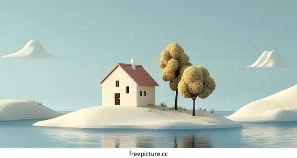 Minimalist 3D Rendered Illustration of a House on an Island