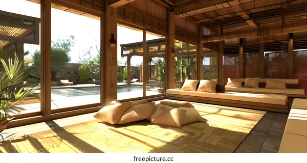 Modern Minimalist Interior Design with Wooden Beams and Large Windows