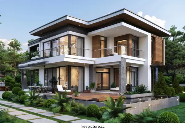 Modern Luxury Villa Exterior with Pool and Garden