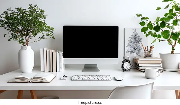 Modern Minimalist Workspace with Plants and Computer