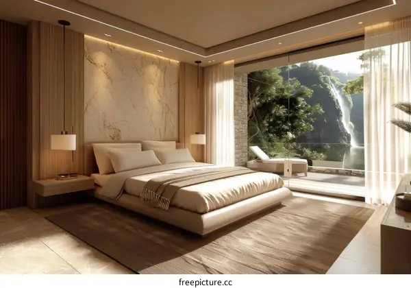 Modern Bedroom with Waterfall View Illustration