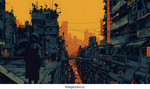 A lonely person standing on the rooftop of a building overlooking a busy city street with neon lights and skyscrapers in the background.